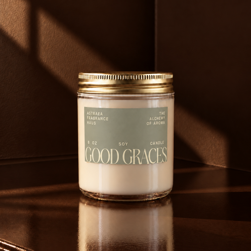 Astraea Fragrance Haus Good Graces perfume bottle with sleek glass design and minimalist label on a neutral background.