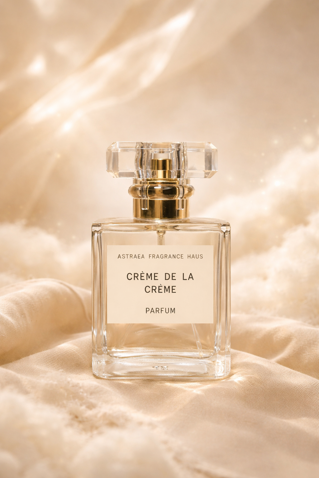 Astraea Fragrance Haus Crème De La Crème perfume bottle with elegant design and floral accents on a white background.