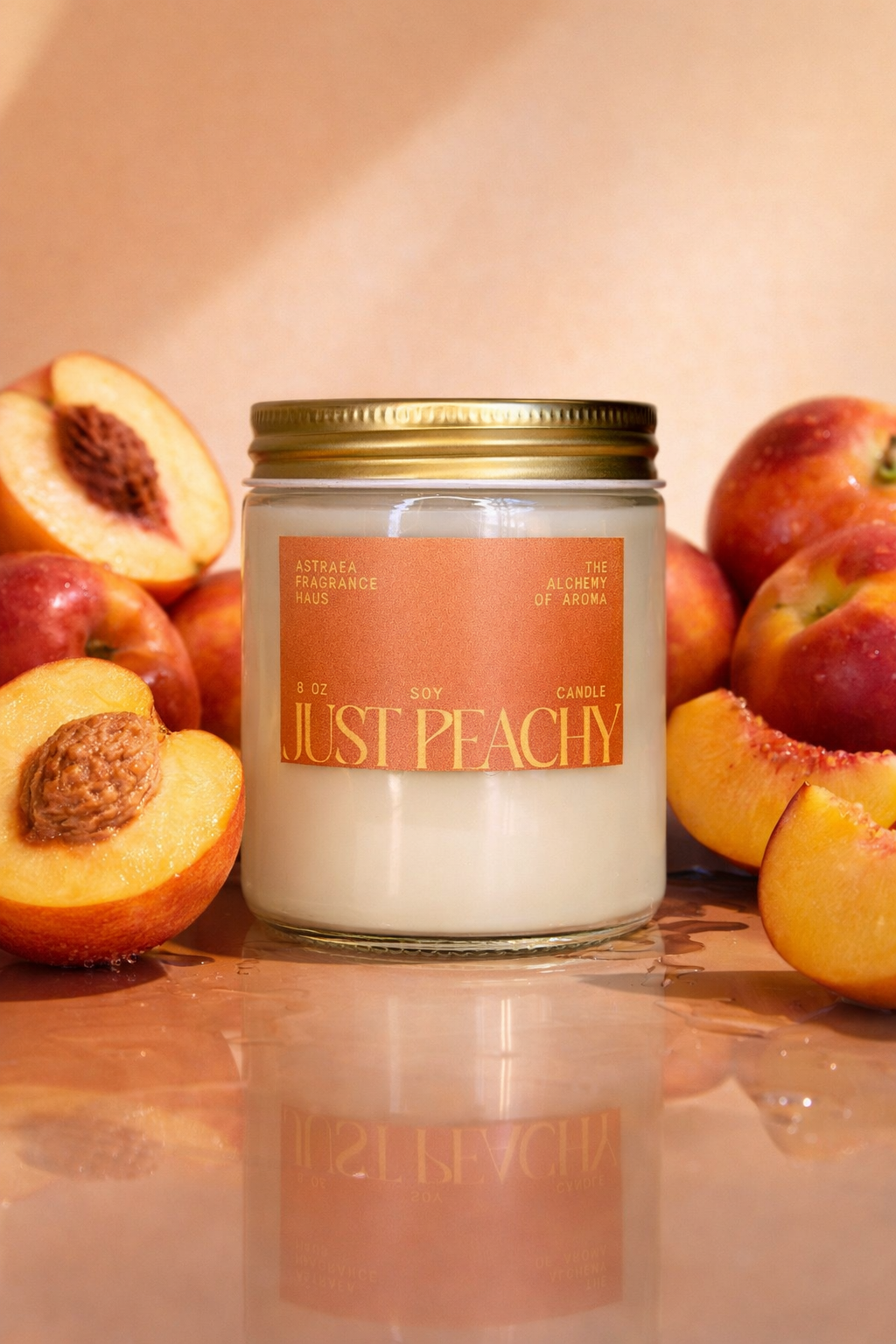 Astraea Fragrance Haus Just Peachy perfume bottle with peach and floral accents, showcasing a sleek, elegant design.