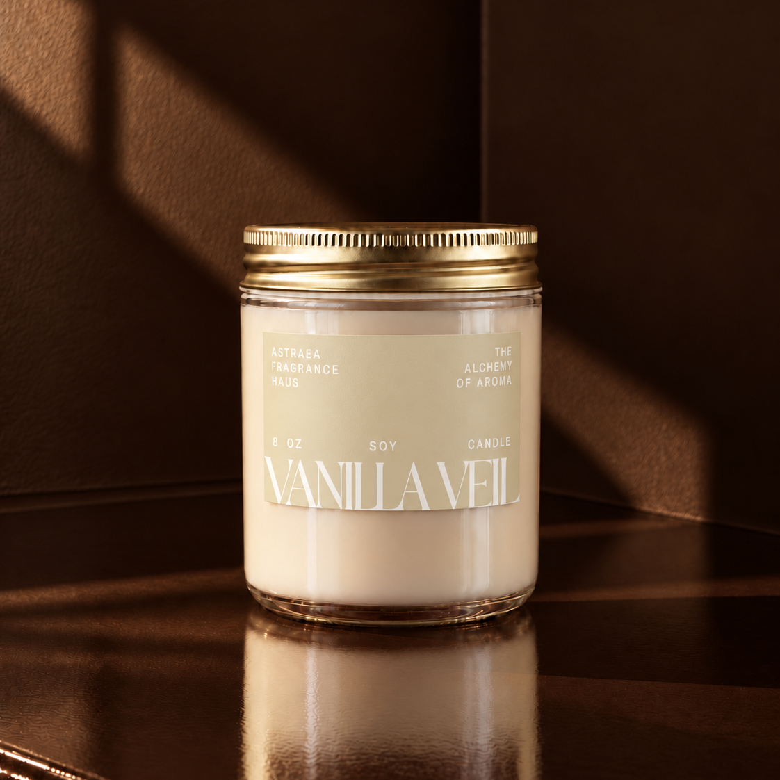 A vanilla-scented perfume bottle labeled Vanilla Veil by Astraea Fragrance Haus with a minimalist design and elegant packaging.