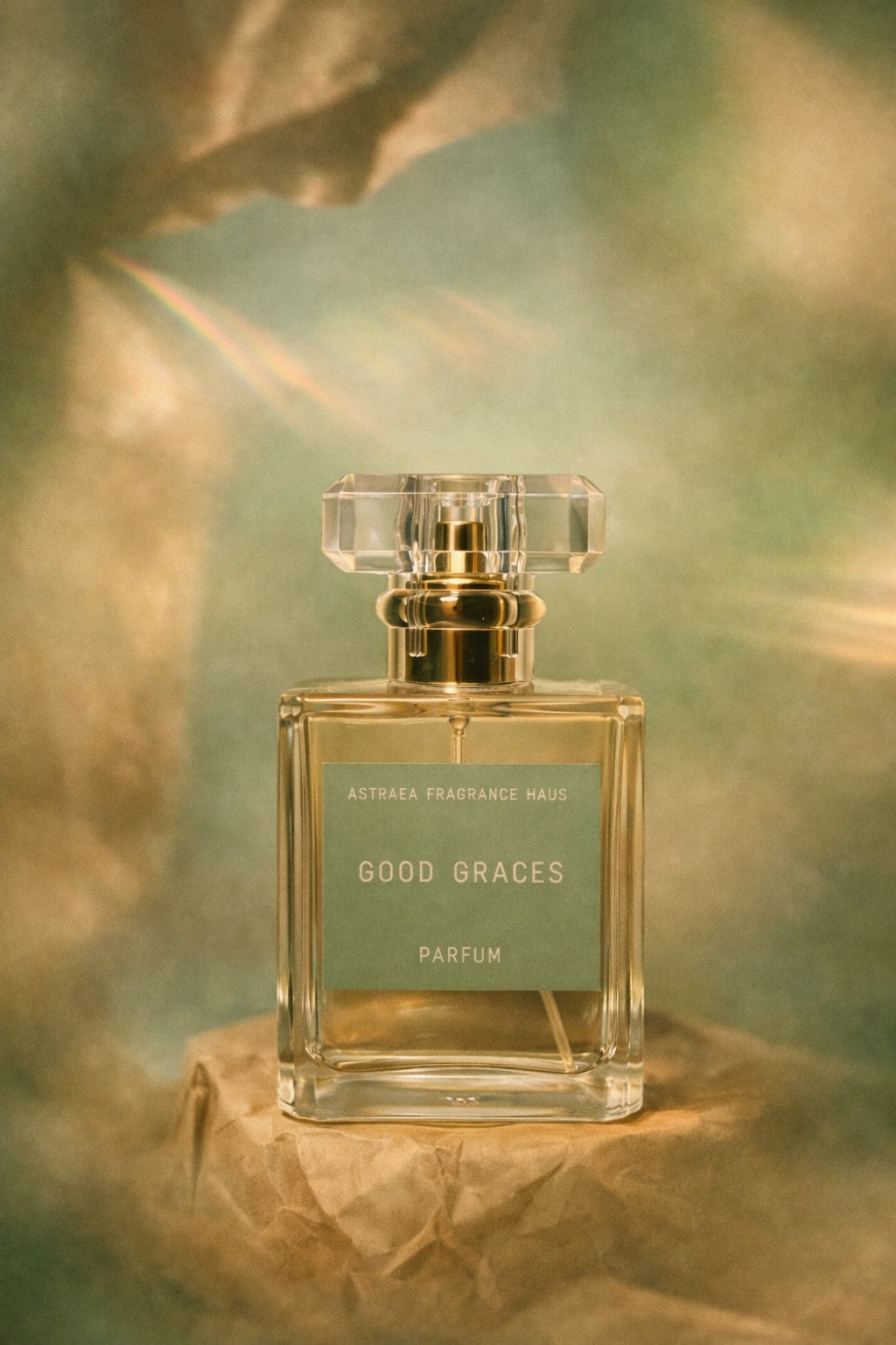 Aqua blue bottle of Good Graces perfume by Astraea Fragrance Haus with elegant floral design on the label.