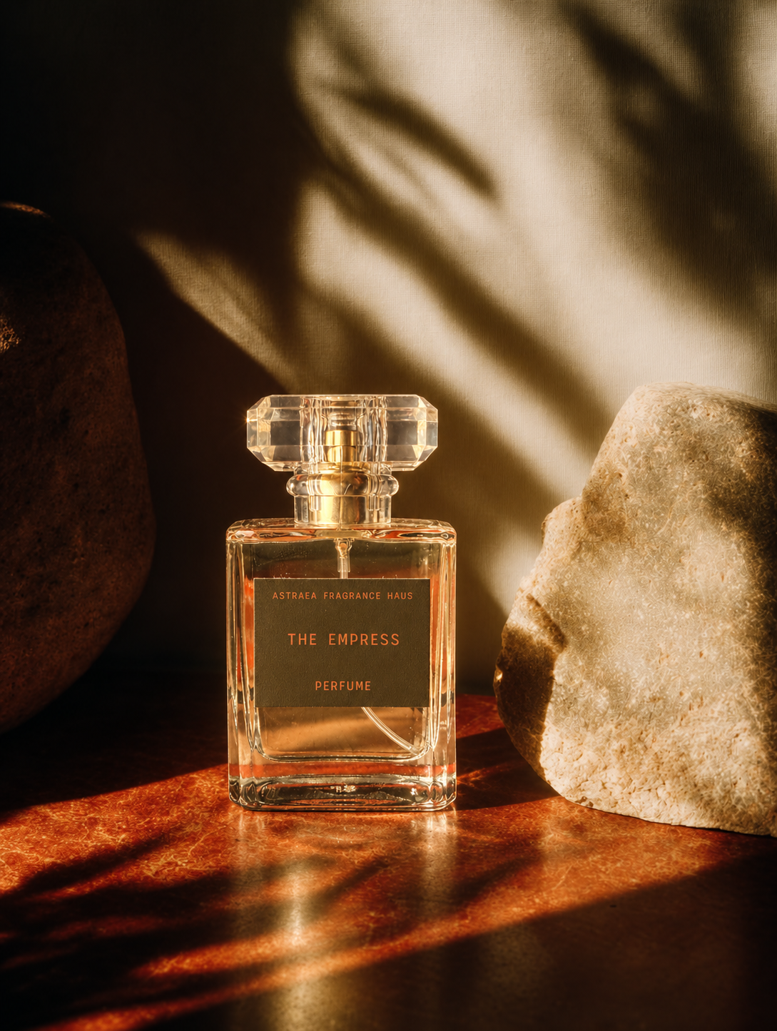 Elegant glass perfume bottle of The Empress by Astraea Fragrance Haus with floral and amber accents, showcasing sophisticated packaging.