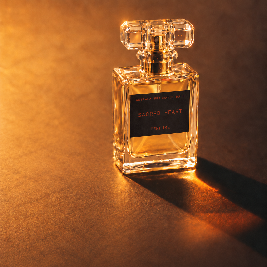 Sacred Heart perfume bottle by Astraea Fragrance Haus with elegant design and floral details, displayed against a neutral background.