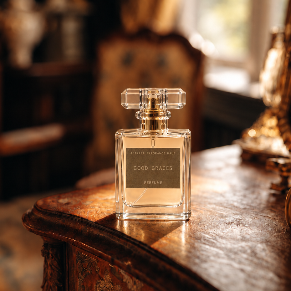Aqua-colored bottle of Good Graces perfume by Astraea Fragrance Haus with a sleek, modern design.