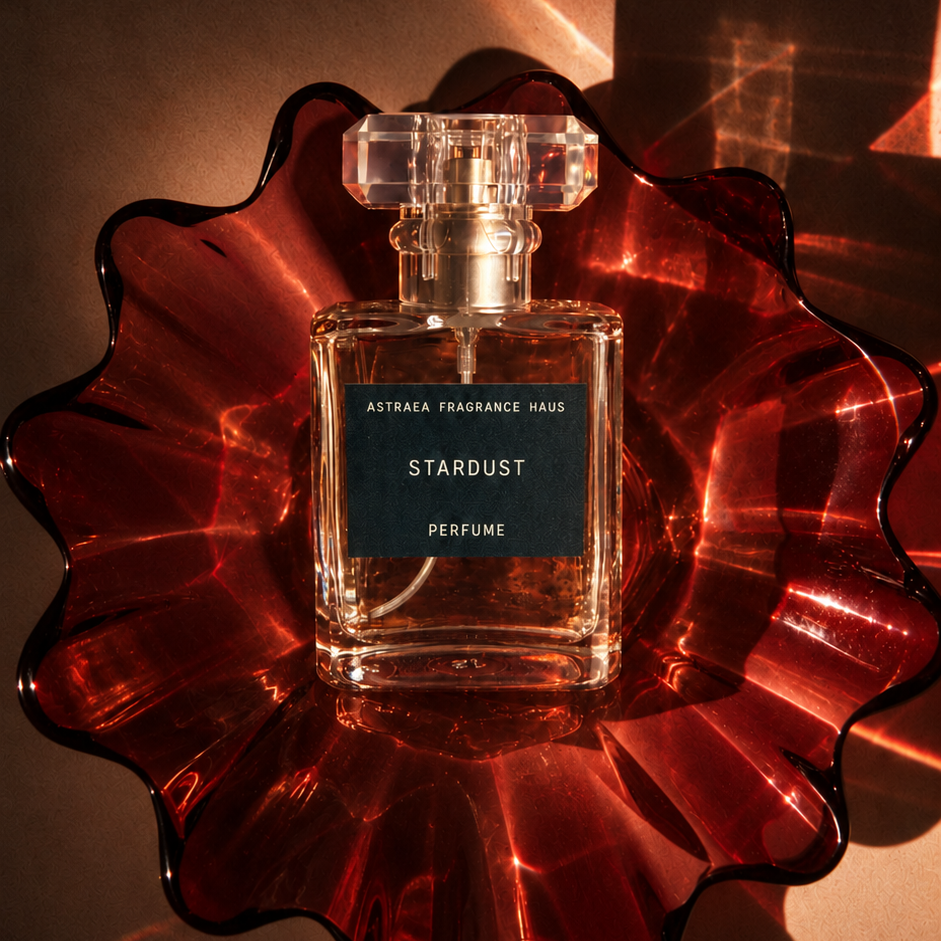Stardust perfume bottle by Astraea Fragrance Haus on a red decorative dish, clear glass with a square label and a faceted cap.